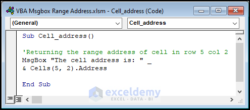 VBA code for displaying cell address of the selected cells