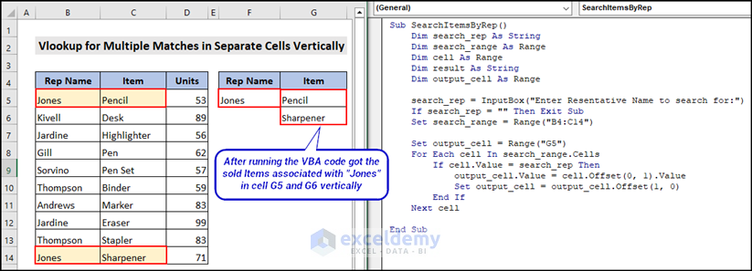 final output image of VBA code to Return Multiple Values for Matches in Separate Cells Vertically with VBA