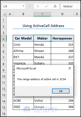 MsgBox showing the cell address of the active cell