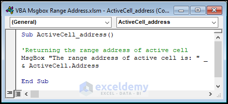 VBA code for displaying cell address of the active cell