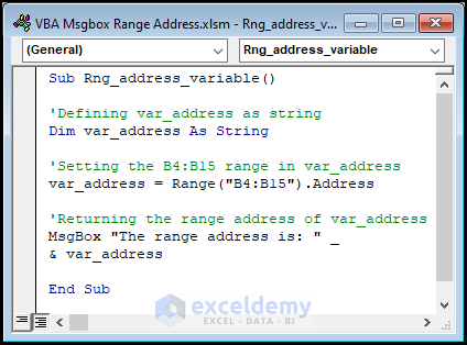 VBA code for displaying range address of the variable