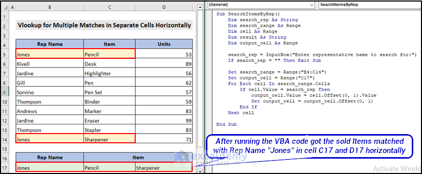 final output image of VBA code to Return Multiple Values for Matches in Separate Cells horizontally with VBA