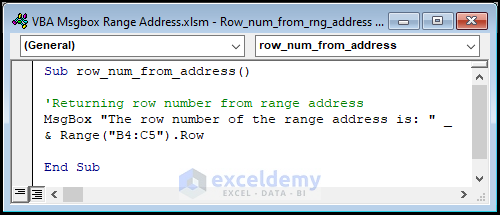 VBA code for displaying row number of the range address 