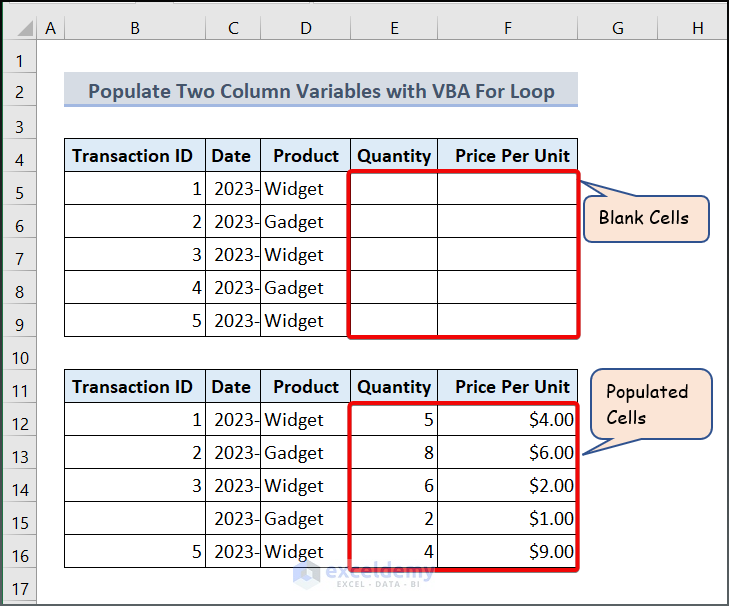Populate Two Column Variables with For Loop in VBA Excel