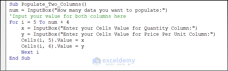 vba code for Populating Two Column Variables with For Loop in VBA Excel