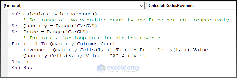 vba code for revenue calculation using for loop iterating through columns