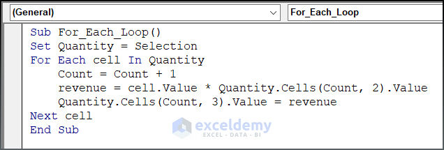 vba code for revenue calculation using for each loop 