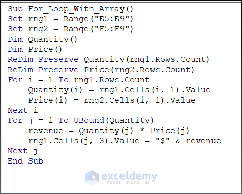 vba code for revenue calculation using for loop within array