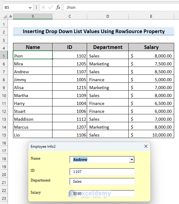 overview image of Excel vba input box with drop down list