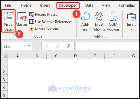 Moving to the developer tab and clicking on the visual basic button