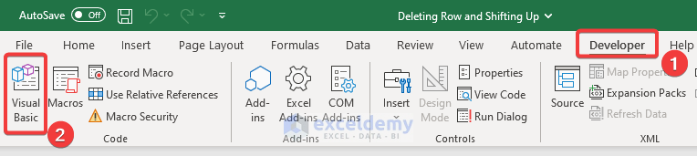 Activate Visual Basic Editor window with Developer tab in Excel to delete row using vba and shift up cells