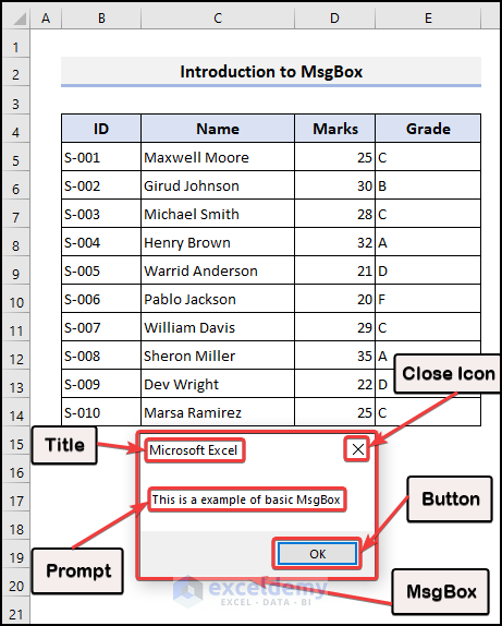 Different components of a MsgBox in Excel VBA