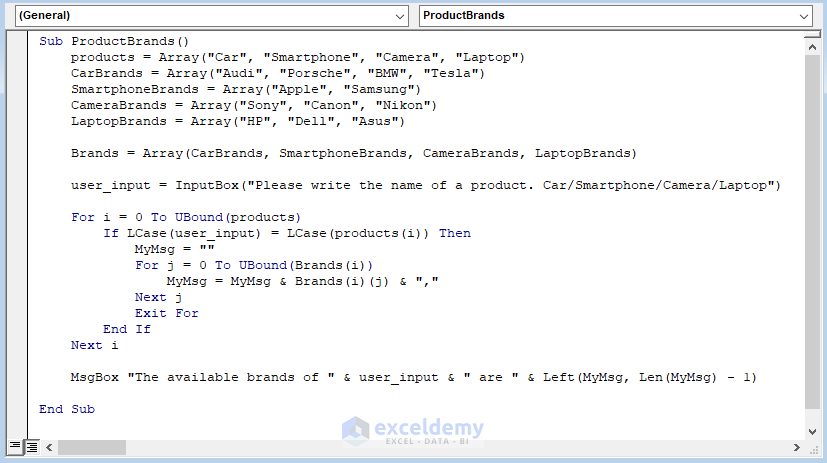 Excel VBA code to Find Data from array of arrays using inputBox and Showing Results in MsgBox