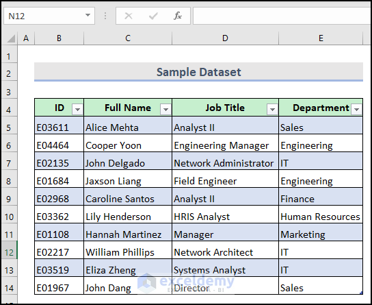 sample dataset to delete table row With Excel VBA