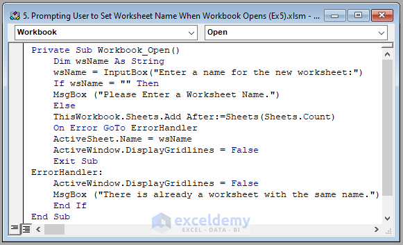 Code Image of Prompting User to Set Worksheet Name