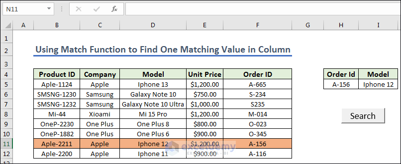 Final Result of  Using Match and Index Function to Find One Matching Value in Column