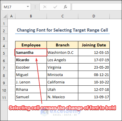 Changed font for selection within target range
