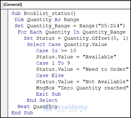 VBA code of using Exit Sub in Select Case Statement