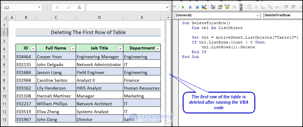 final output image of VBA code to delete the first row from Excel table
