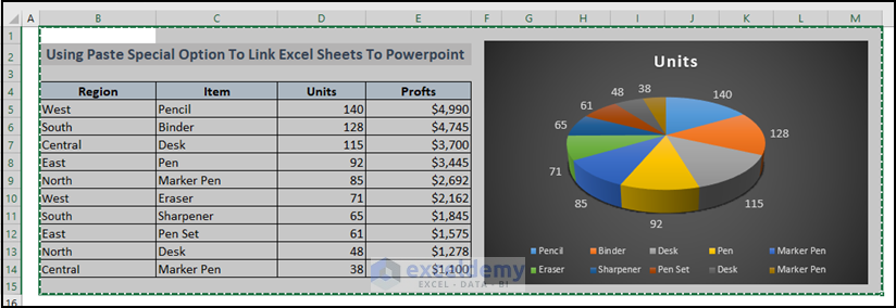 selecting data from the worksheet to link to the PowerPoint