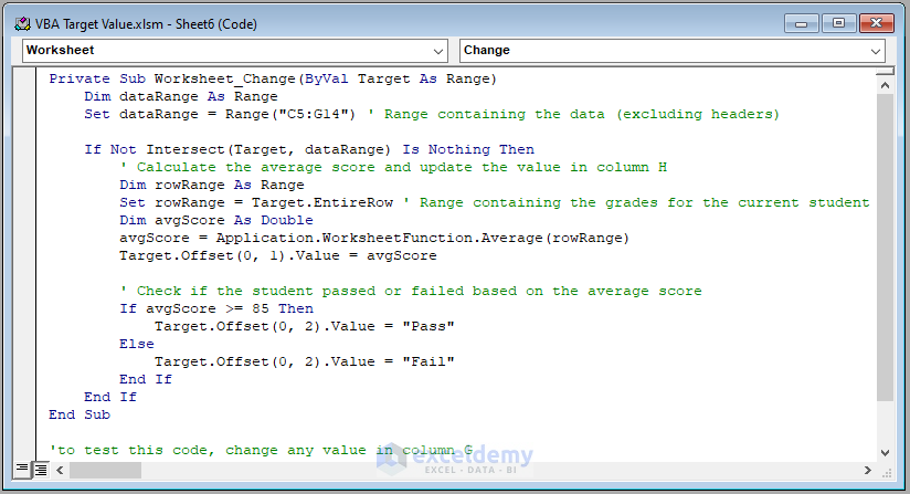 Code Image of Use of VBA Target.Offset Property