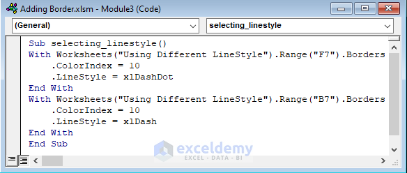 VBA Code for Adding Different LineStyle for Border in Excel