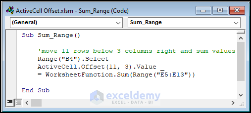 VBA code for calculating the sum of a range with ActiveCell Offset and Sum function