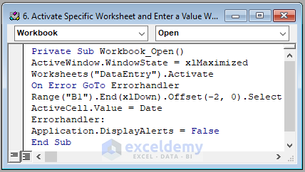 VBA Code Image of Activate Specific Worksheet and Enter a Value using Open Workbook Event