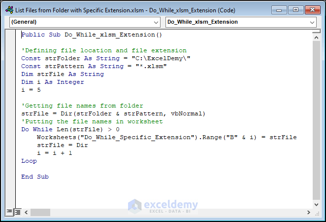 Code for Extracting List of Files with .xlsm Extension Using Do While Loop