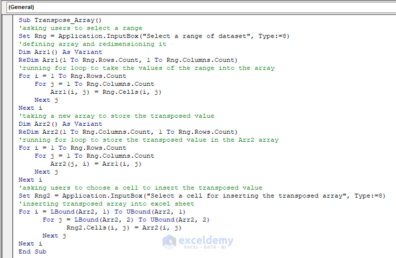 VBA Code for Transposing an Array