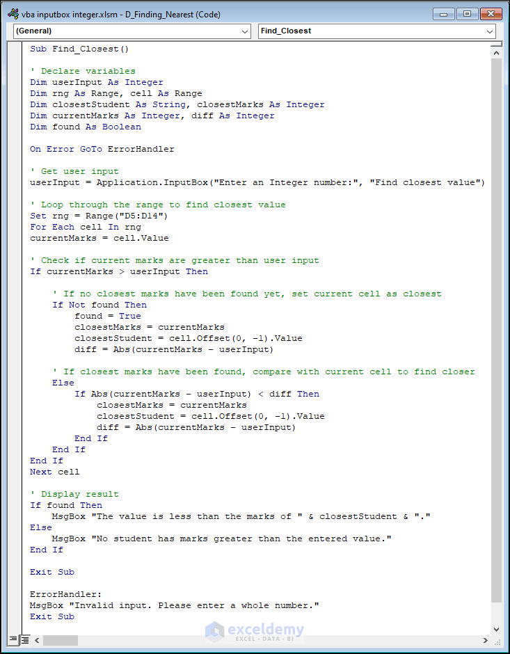 VBA code to find nearest higher marks holder