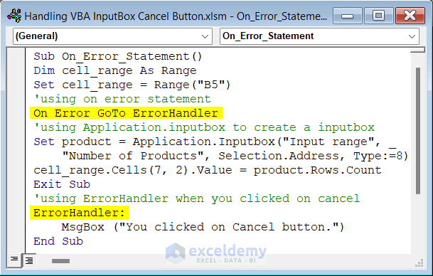 Code to Employ On Error Statement with Exit Sub