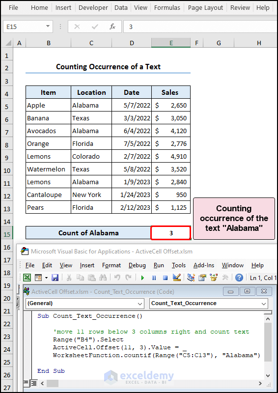 Counting the number of occurrences of a text with ActiveCell Offset and CounIf function