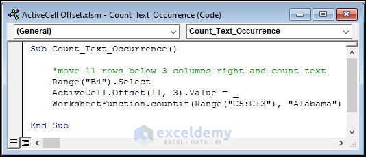 VBA code for counting the number of occurrences of a text with ActiveCell Offset and CounIf function