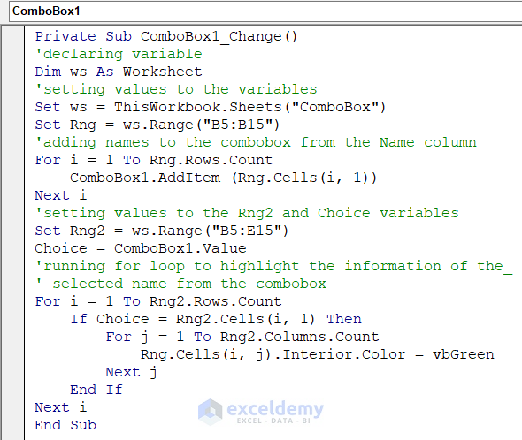 Code in the Combo Box Module