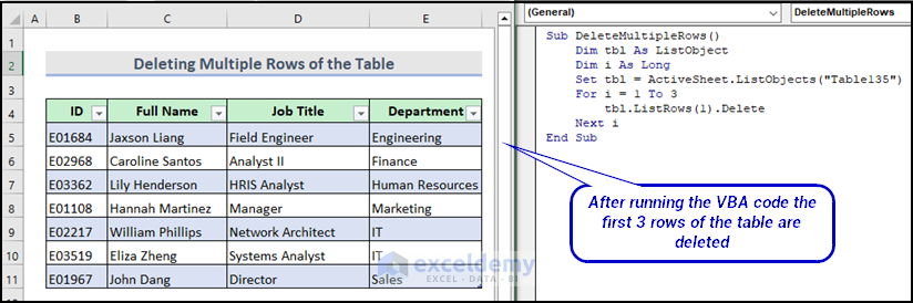 final output image of VBA code to delete multiple rows from Excel table