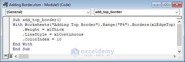 VBA Code to Add Top Cell Border in Excel