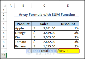 sum of cells showing after array formula implementation