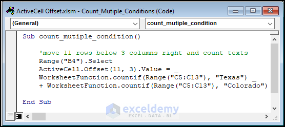 VBA code for counting the number of occurrences of a text with multiple or criteria using ActiveCell Offset and CounIf function