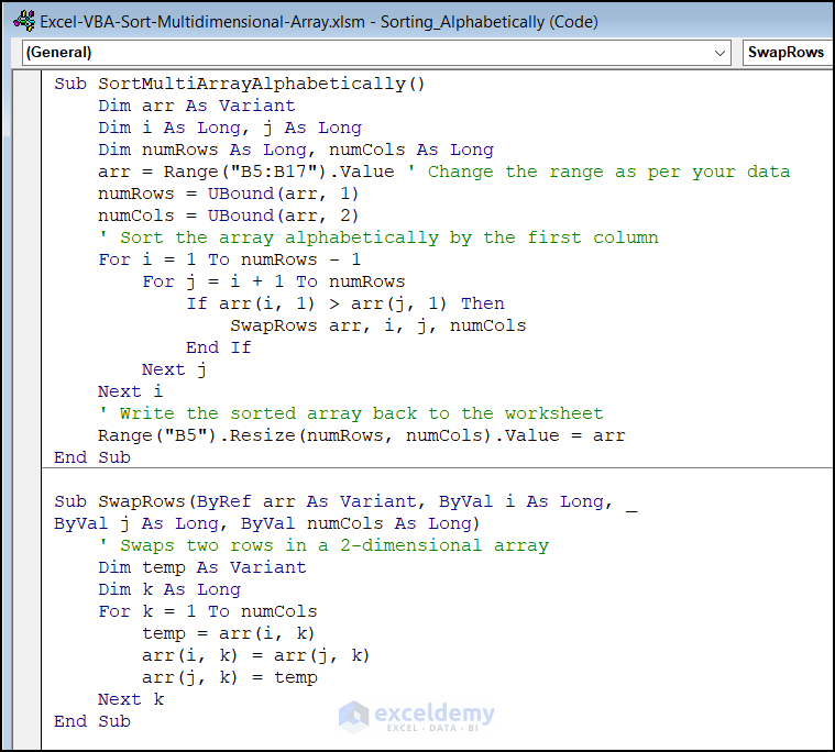 VBA code to sort multidimensional array alphabetically