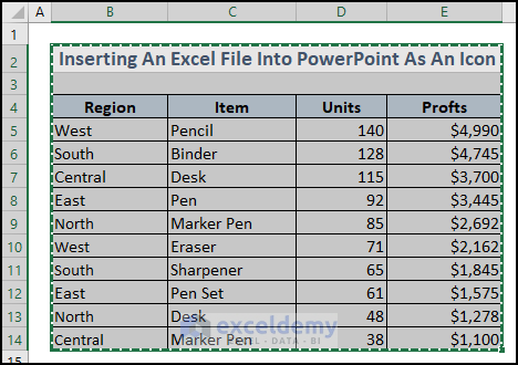 copying the data to insert an Excel file into PowerPoint as an icon