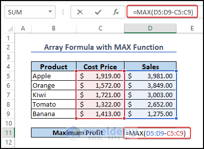 Max Function implemented to show the summation of the sales value