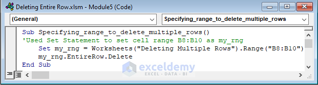 VBA Code to Delete Multiple Rows by Selecting Cell Range