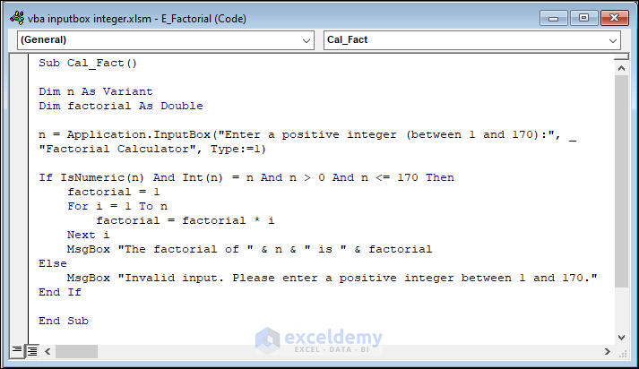 VBA code to calculate factorial of integer number