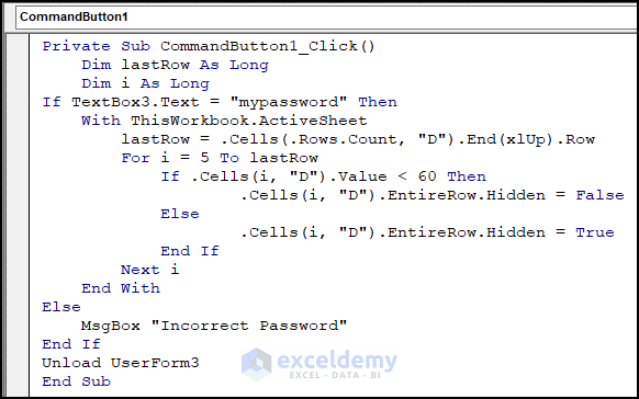 VBA code to get list of failed students with a password using InputBox of UserForm