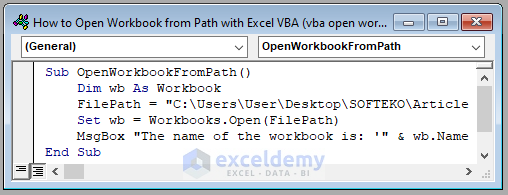 Code Image of Opening Workbook from Path