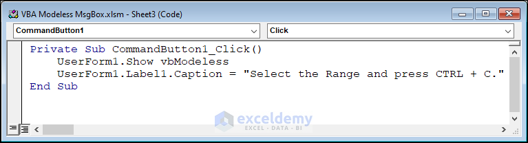 Code showing the click event of a command button