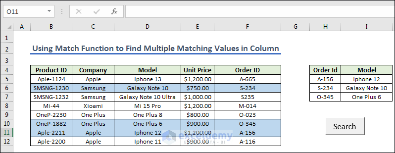 Output Result of Utilizing Match Function to Find Multiple Matching Values in Column