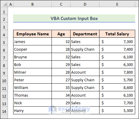 Sample dataset for VBA custom Input Box