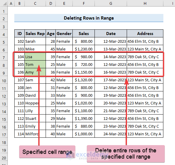 Specify cell range to delete the entire rows containing the range